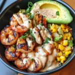 Grilled Shrimp Bowl with Avocado, Corn Salsa & Creamy Garlic Sauce